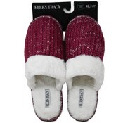 Wholesale - S-XL WOMEN WINE CHUNKY SHIMMER KNIT SLIPPER W/FAUX FUR COLLAR ELLEN TRACY C/P 18